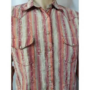 Scully Western RETRO Womens Shirt Sz L Striped Pearl Snap Buttons Embroidered #C